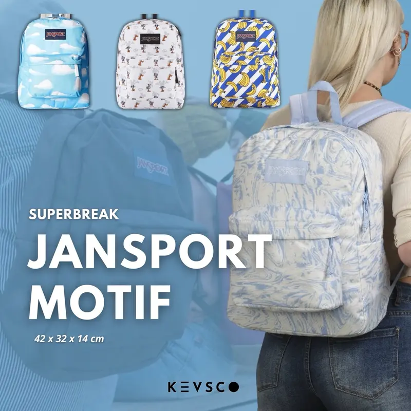 [READY/COD] tas ransel JANSPORT MOTIF SUPERBREAK LARGE FULL EMBOSS TAG HOLO BARCODE - pria wanita unisex anti air waterproof banana awan art blue cloud comic 0