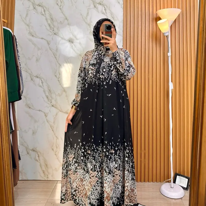 Dewi Dress Set Hijab Ceruty Digital Printing Motif Printing Cantik & Elegan Bahan Ceruty Nyaman untuk Wanita Muslim Formal Lebaran - Syari, Pashmina, Mewah 1