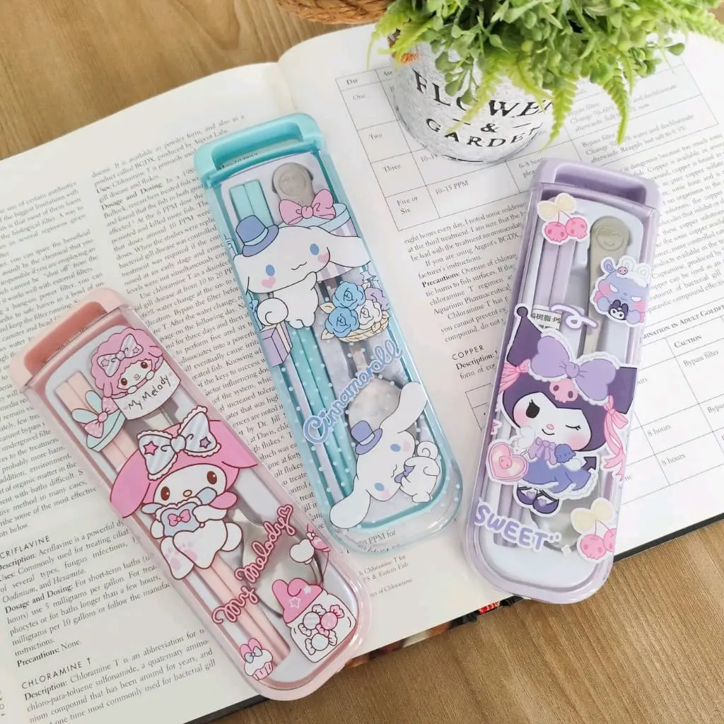 Set box sendok sumpit Kuromi My Melody Cinnamoroll GESER