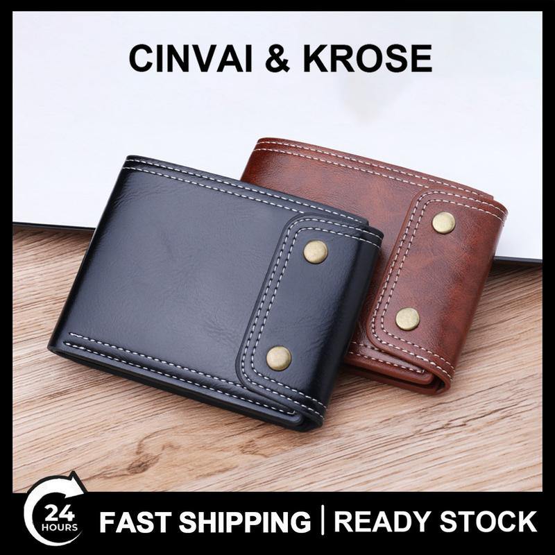 SHABILI Ví nam, ví ngắn, da PU sáp, nút bấm, đóng dây kéo, chủ thẻ, ví đựng tiền Xu thời trang Cổ Điển hình chữ nhật, nhiều ngăn Wallet