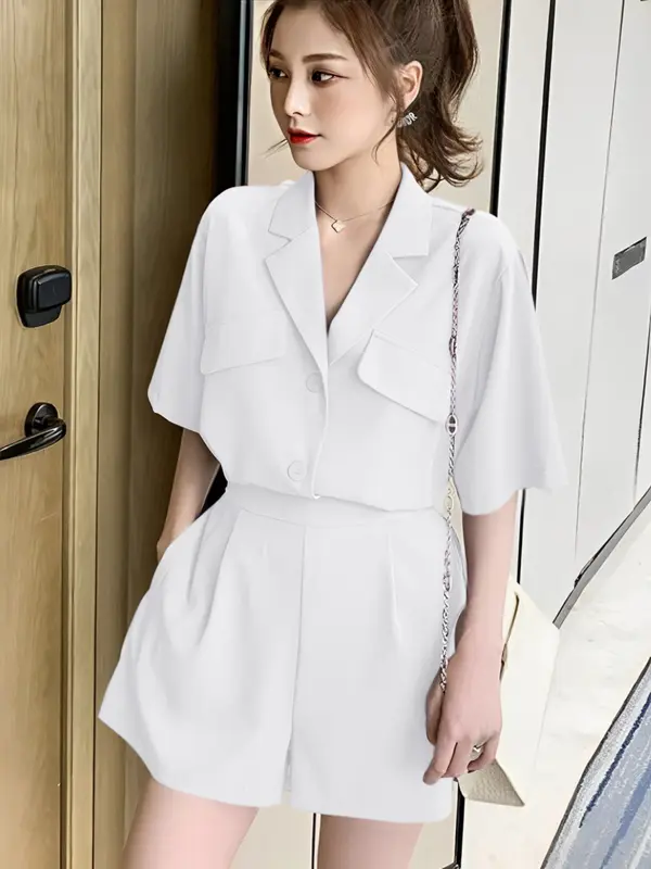 Miss Shop's - Set 2in1 Kemeja Lengan Pendek Kerah V-Neck Kancing Aktif Celana Pendek Pinggang Karet #4226 7