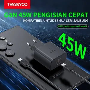 TRANYOO Charger For Samsung Super Fast Charging 2.0 GaN 45W/25 Watt Adaptor Kepala Charger Kabel Data USB Type-C Kabel Charger For Handphones Adapter Charger Quick Charger Support PPS Charging Cable Pengisi Daya T-SA7C/T-SA2C