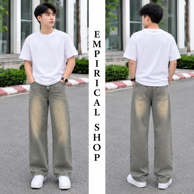 Quần Jean Nam Ống Rộng Màu Xám Rêu Wash Vintage Phong Cách Hàn Quốc