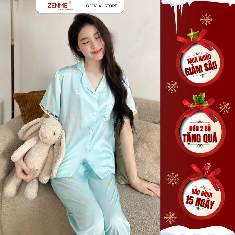 Bộ ngủ lụa latin nữ pijama form rộng Zenme tay ngắn quần dài phối viền ren xinh xắn PJDR0825