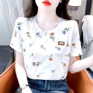 Blouse Plus Size for Women Summer Korean Style Loose Floral Printed Round Neck Short Sleeve T-Shirt #831