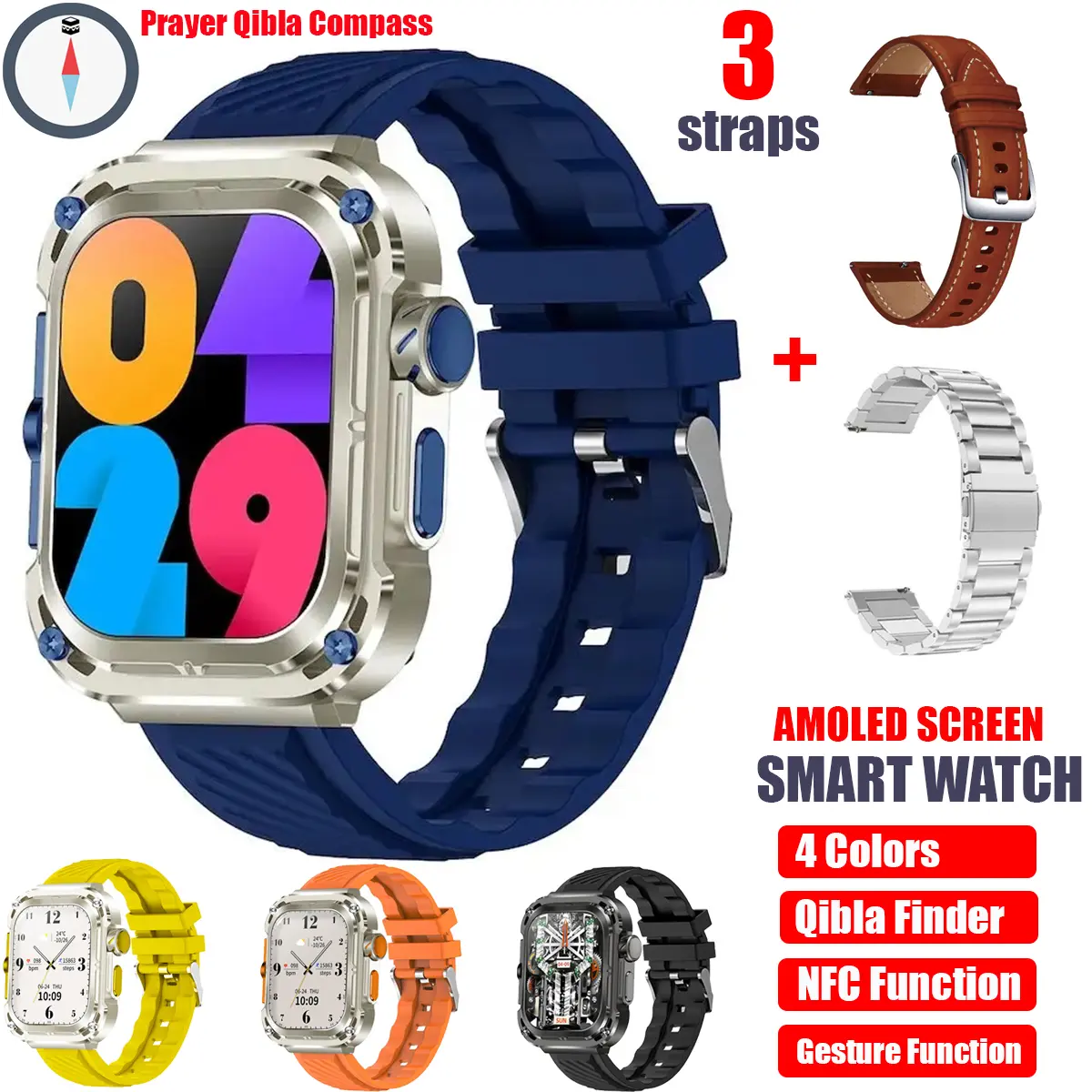 Smart Watch Bluetooth Call Ultra Long Standby True Rate NFC Life Waterproof With Gesture Function and Qibla Finder Prayer Compass with 2 Extra Straps Watches for Men Women Charging Device Alloy Lock Screen Steel Wearable