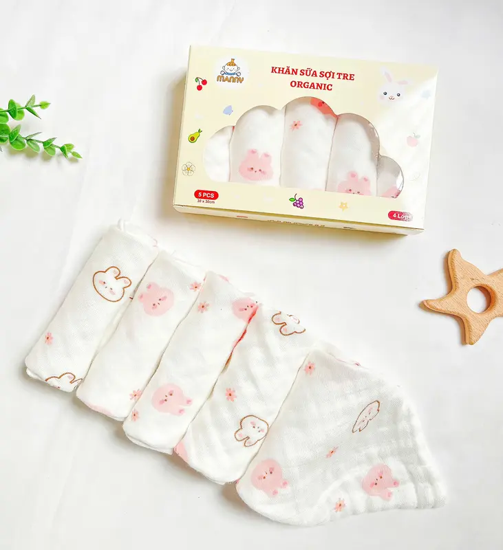 Set 5 Khăn Sữa Sợi Tre Manny Cao Cấp Chính Hãng (2-4 Lớp) Mềm Mịn, Thấm Hút, Kháng Khuẩn Cho Bé 8