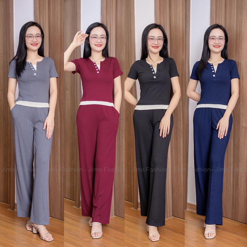 Set áo Thun Cộc Tay Cổ Trụ Phối 2 Lớp Form Ôm Kèm Quần Ống Suông 148-1 - set đồ nữ đẹp, set bộ nữ mặc đi chơi