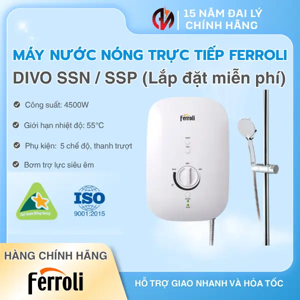 Máy nước nóng trực tiếp Ferroli DIVO SSN / SSP 4500W - Lắp đặt miễn phí nội thành HCM – Nóng nhanh, chống giật, an toàn