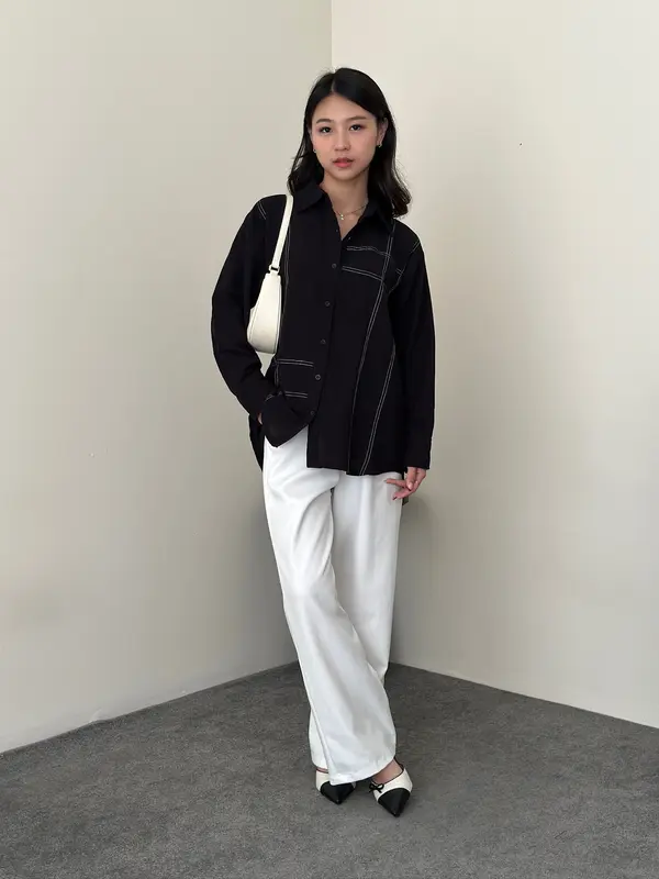 ASOKA Twila Shirt 2289 - Contrast Stitching Oversize Blouse Long Sleeve - Atasan Wanita Kemeja Kasual Linen Baju Panjang 7