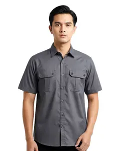 TOPTEN Kemeja Pria Polos Workshirt Lengan Pendek Saku Dua Warna Abu