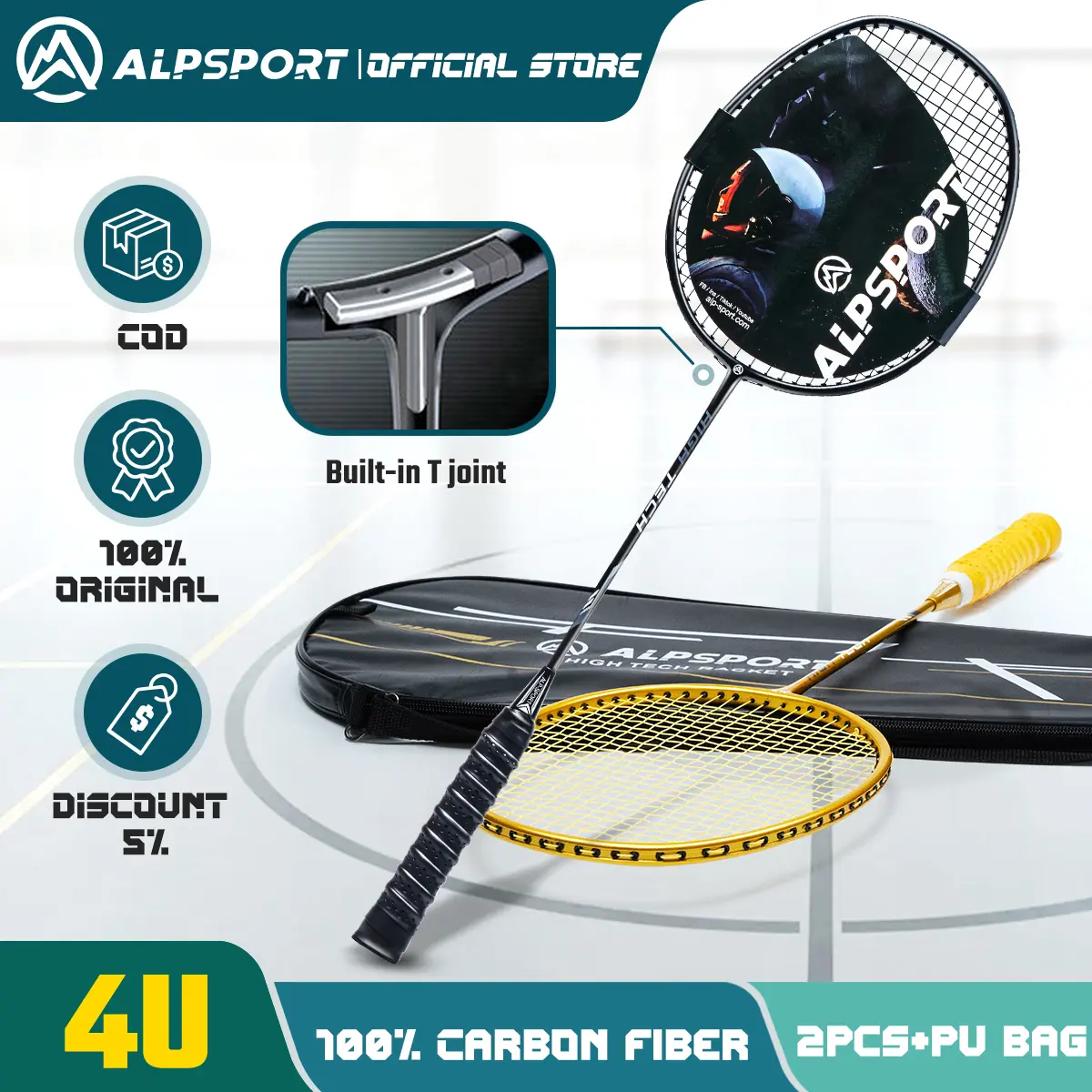 ALP Raket RR T500, 100% Karbon Penuh, 4U G5, Poros Bulat Penuh, Rebound Cepat, Keseimbangan Maksimum 25lbs, Raket Keluarga Asli, Pemain Pemula, Remaja, Impor Asli 2024 - Badminton
