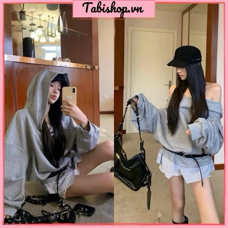  ￼Áo hoodie nữ phối giả set mặc được 2 kiểu TABISHOP Áo sweater nữ tay phồng mặc đi dạo đi chơi thu đông 246  