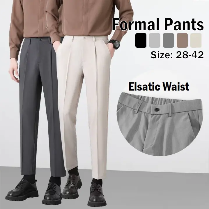 Business Casual Pants Men Elastic Waist Plain Korean Style Nine-point Trousers Basic Formal Suit Pants Plus Size 28-42 Office Outfit