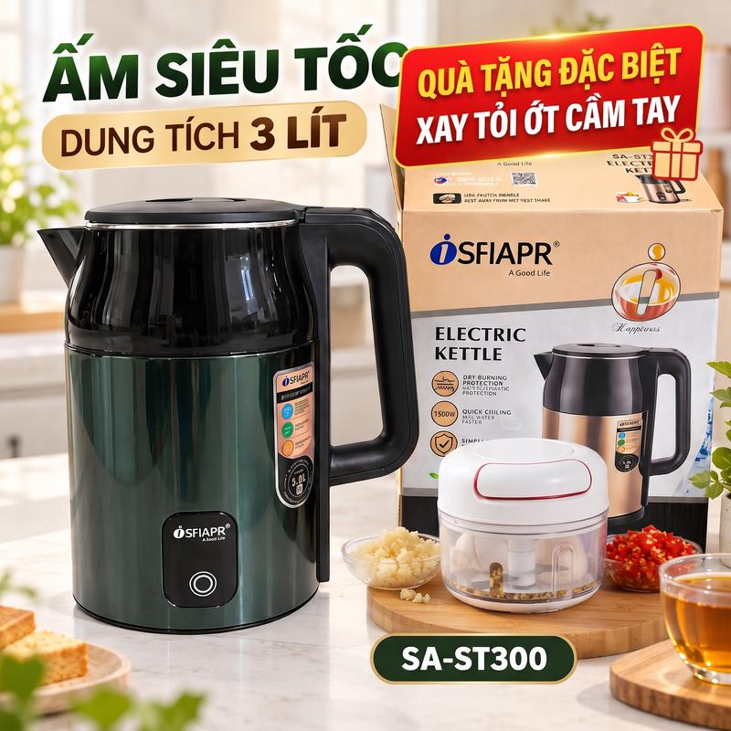 COMBO QUÀ TẶNG SIÊU HOT SFIAPR Ấm Siêu Tốc Đun Nước Tặng Kèm Dụng Cụ Xay Tỏi Ớt Cầm Tay Inox 304 , Công Suất 1500W, Dung Tích 3 Lít, 2 Lớp Chịu Nhiệt, Tự Động Ngắt Khi Sôi, Màu Xanh Đậm