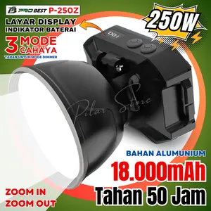 Senter Kepala 18.000mAh Super Terang 250 Watt Lensa Teleskop Zoom In-Out Tahan 50 Jam BAHAN PREMIUM PROBEST Baterai Jumbo P-250W | COD GRATIS ONGKIR - FMS