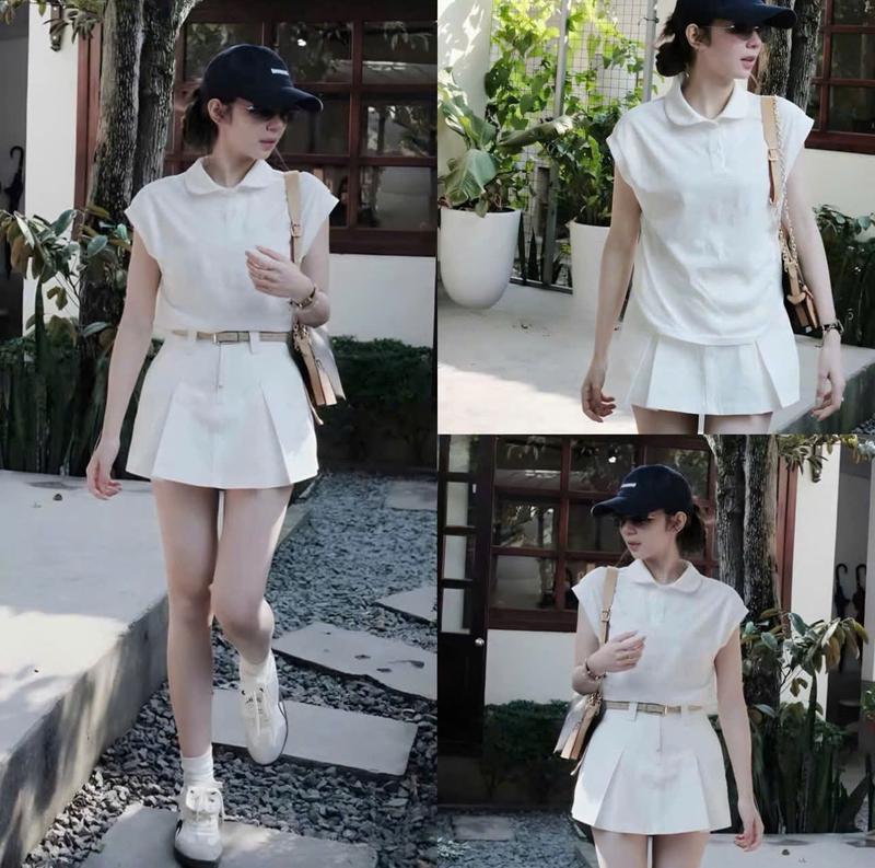 Xả kho TẶNG ĐAI LƯNG Set bộ áo polo cổ bẻ + chân váy thô Set váy áo nữ Hàn Quốc phong cách năng động – phù hợp đi chơi du lịch