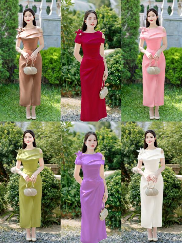   MIỄN SHIP  BST MDU5150 Váy Lụa Twist Satin – Vai Cut-out Hoa 3D Thủ Công Dáng Suông Thanh Lịch 