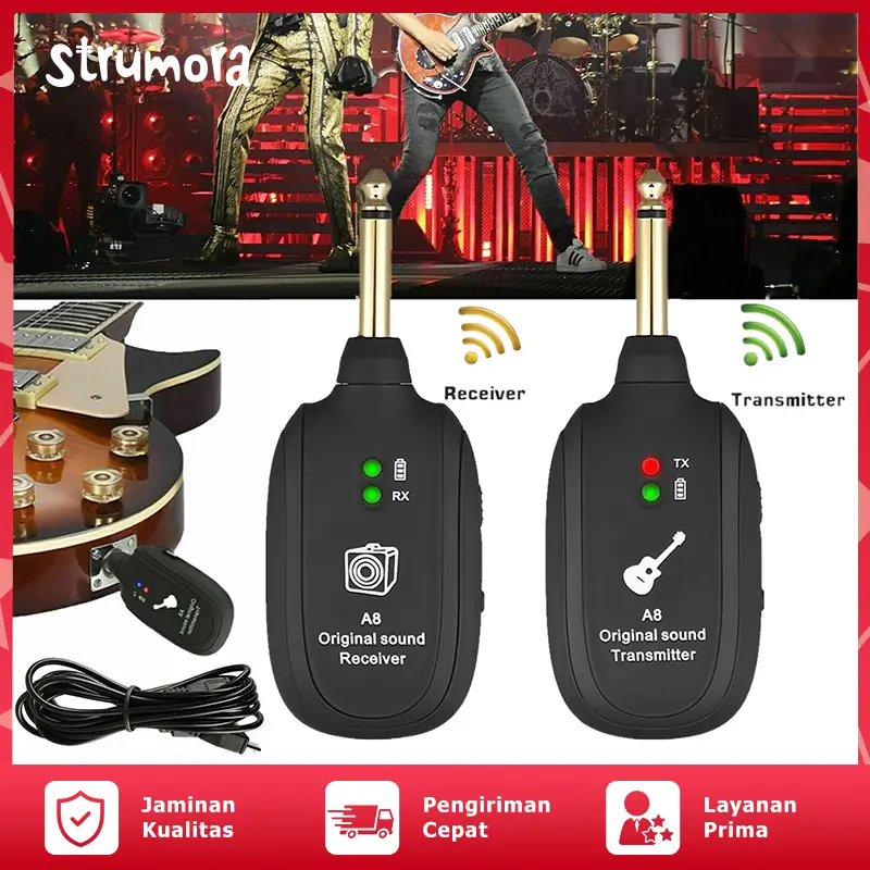 Strumora A8 Penerima Pemancar Audio Nirkabel Suara Asli untuk Pertunjukan Panggung Instrumen Musik Bass Gitar