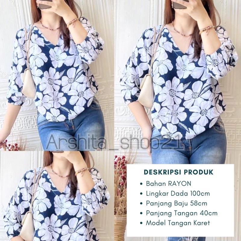 HANA [01] BLOUSE || [B01101] ATASAN WANITA TERLARIS BAHAN RAYON PREMIUM BLOUSE KEKINIAN LEHER V SIMPLE ELEGAN TANGAN 7/8 KARET MOTIF TERBARU