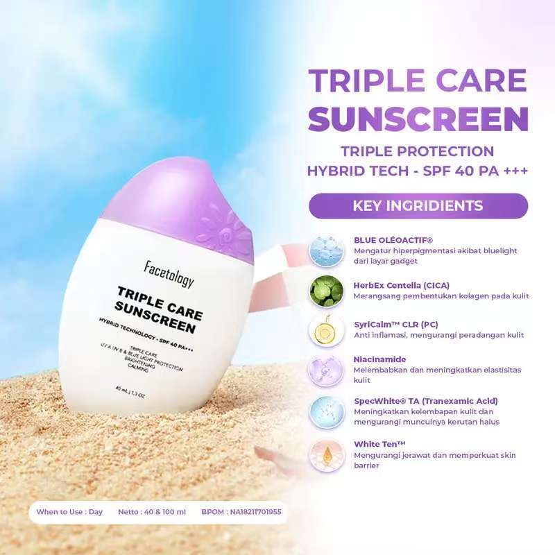 【100%ORI】Facetology Triple Care Sunscreen SPF40 PA+++ 40ml Tabir Surya Ringan Tidak Berminyak Untuk Kulit Sensitif & Berjerawat dan wajah facetology produk oily skin mengandung Niacinamide Mencerahkan Tinted bare Healthy Glow ungu 【100%ORI】Facetology Triple Care Sunscreen SPF40 PA+++ 40ml Tabir Surya Ringan Tidak Berminyak Untuk Kulit Sensitif & Berjerawat dan wajah facetology produk oily skin mengandung Niacinamide Mencerahkan Tinted bare Healthy Glow ungu