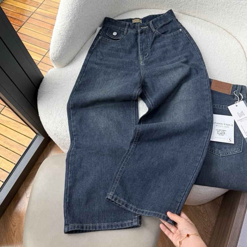 Q15 Quần jean nữ dáng suông ống rộng lưng cao phối túi nấp màu xanh đậm 95cm