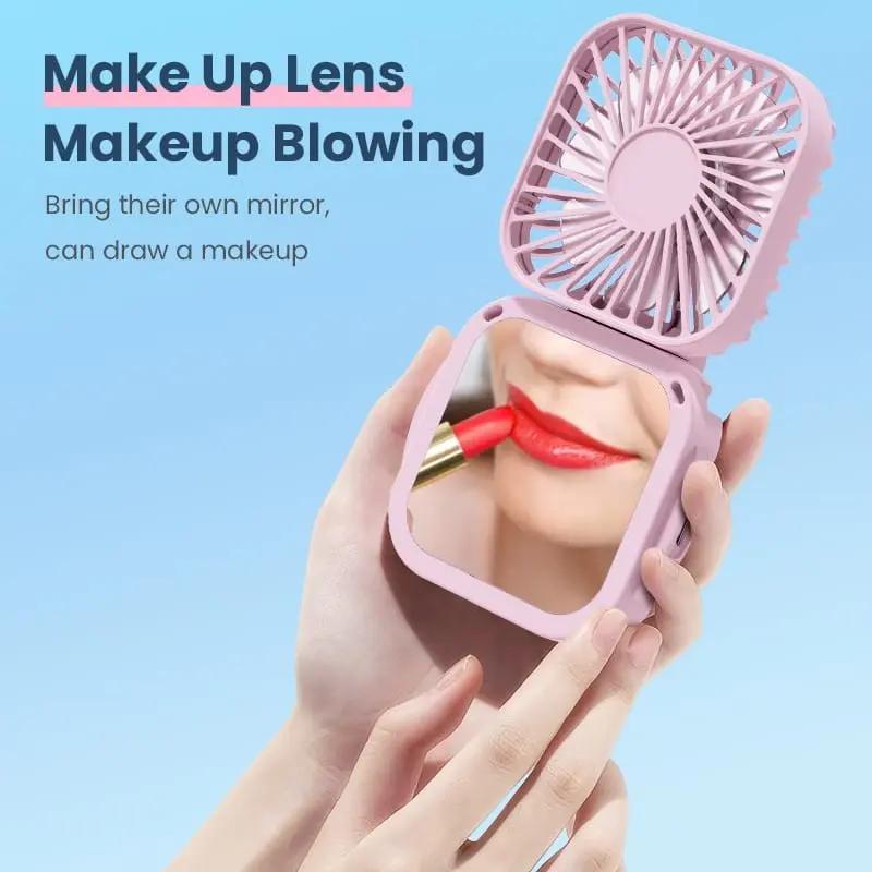 Kipas Angin Portable Mini Lipat USB Rechargeable CERMIN Mirror Pocket Fan Kantor Desktop Square Mute Fan Outdoor Gantung Leher 1