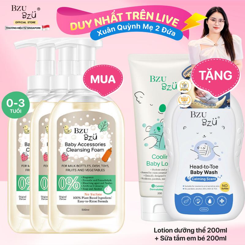 XQM2D Combo 3 Chai Nước Rửa Bình Sữa Và Dụng Cụ Em Bé BZU BZU Tạo Bọt 4 Công Dụng 500ml Cho Bé cọ rửa