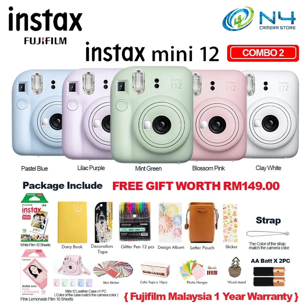 Fujifilm Instax Mini 12 Macaron Kit Free With 2 Packs assorted instax mini films.