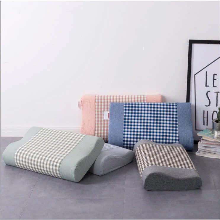Gối Cao Su Non Họa Tiết Kẻ Caro 30x50cm Hỗ Trợ Đau Mỏi Cổ Vai Gáy Đàn Hồi Êm Mịn Giúp Giấc Ngủ Thoải Mái