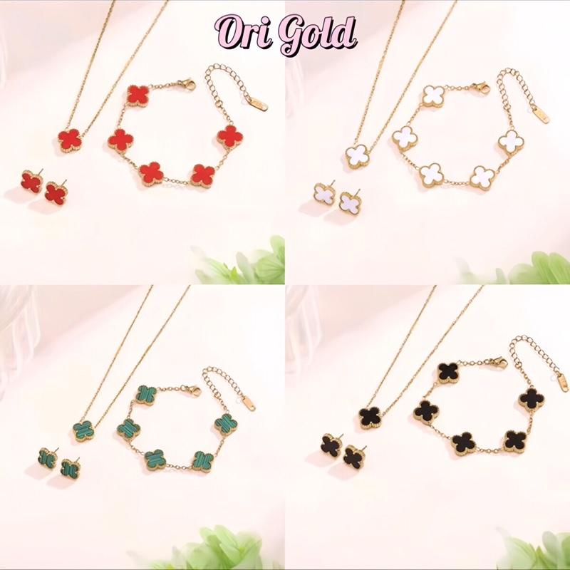 Ori Gold 72 - Sét 3 món cỏ 4 lá gồm dây chuyền lắc tay bông tai cá tính sang chảnh phong cách