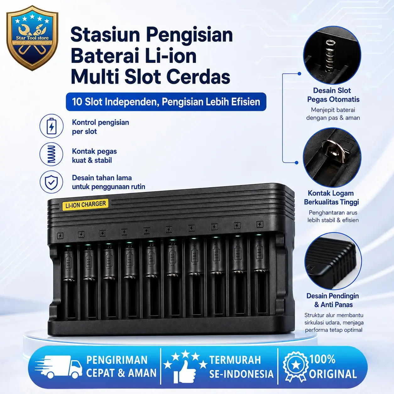 Fast Charging 10 Slot Baterai Li-ion Universal Input Listrik AC Stopkontak & USB Powerbank Isi Sepuluh Baterai Sekaligus Cocok Pecinta Camping Outdoor