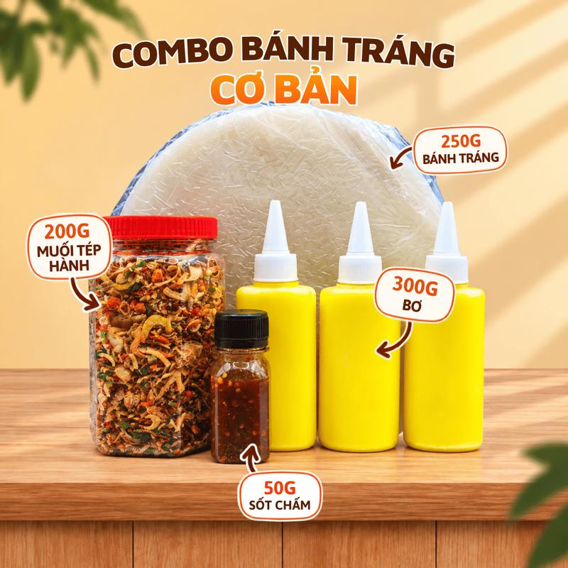 [COMBO CƠ BẢN] 250g bánh tráng phơi sương, 200g muối tép hành phi, 300g bơ, 1 chai sốt