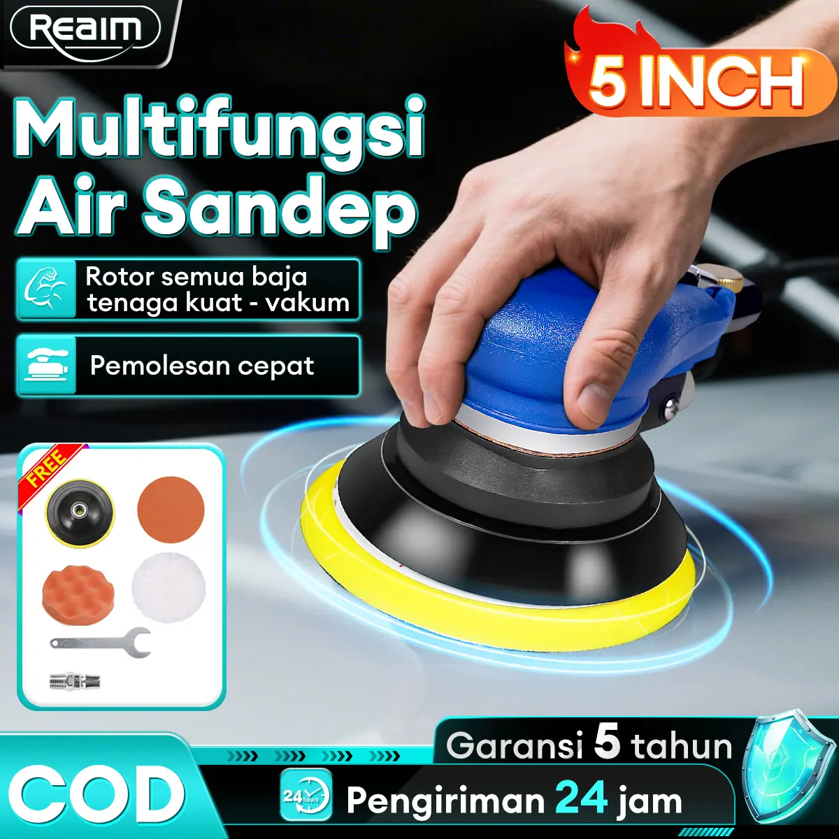 REAIM 15000 rpm air orbital sander Sander orbital Air sander orbital sander dewalt air sander amplas orbital sander Air Sander Orbital 5 inch Body Hose Konektor Kunci Metal Motor Oil Paper Psi Water