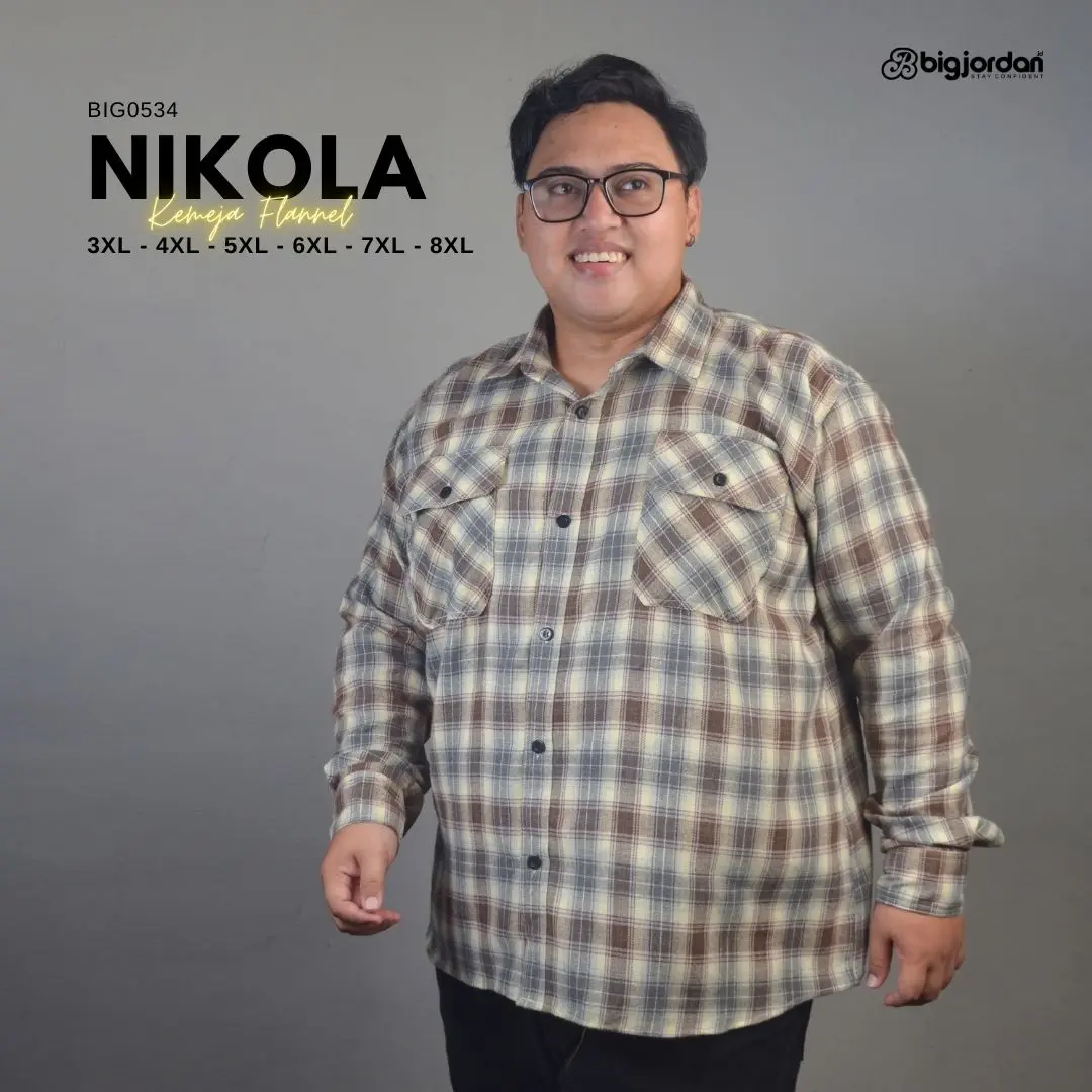 Bigjordan Id. Nikola kemeja flannel lengan Panjang kotak-kotak big size pria 3XL 4XL 5XL 6XL 7XL 8XL oversize