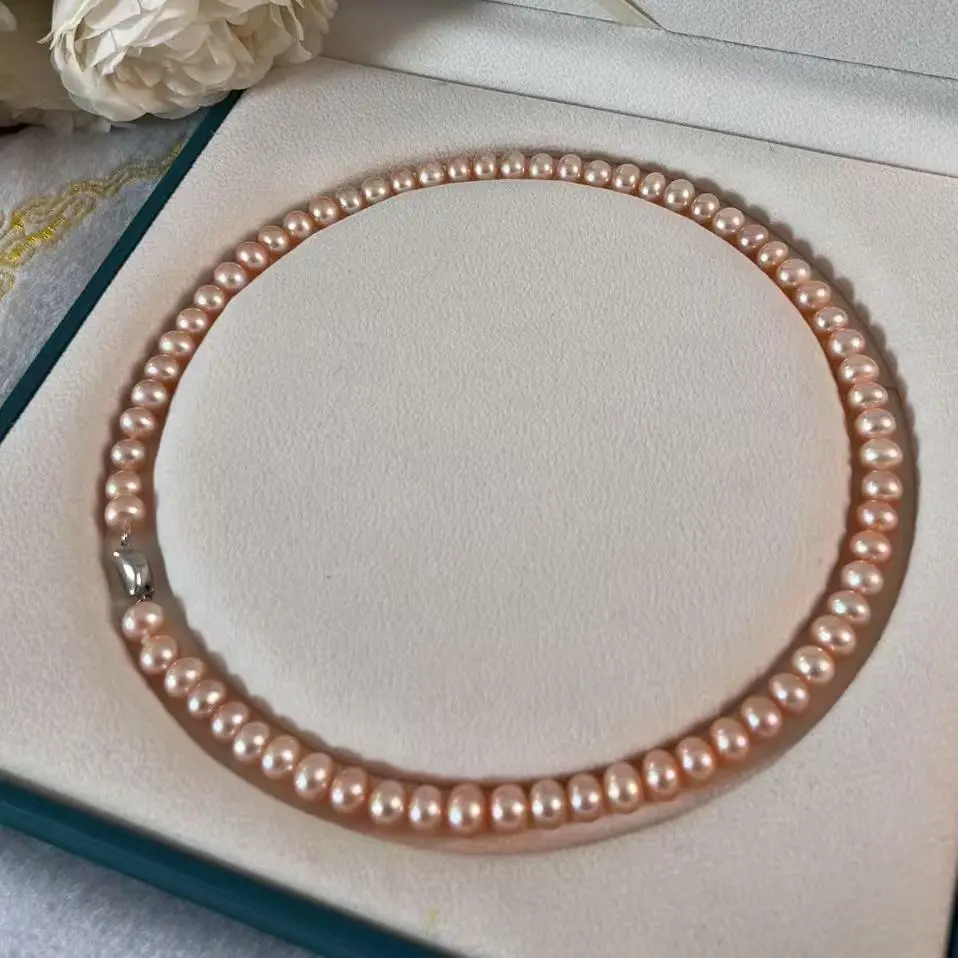 7-8mm pink natural pearl necklace x0140