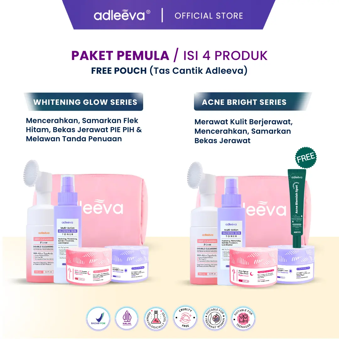 ADLEEVA - [Paket Pemula ISI 4] WHITENING Glow Booster / ACNE Bright Series Basic - Mencerahkan bantu samarkan flek hitam, Paket perawatan kulit berjerawat dan bekas jerawat secara maksimal BPOM HALAL