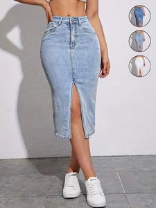Falda midi de mezclilla elástica básica y versátil para mujer, con abertura frontal, ajuste entallado, cómoda y elegante, de largo medio para uso diario, perfecta para todas las estaciones