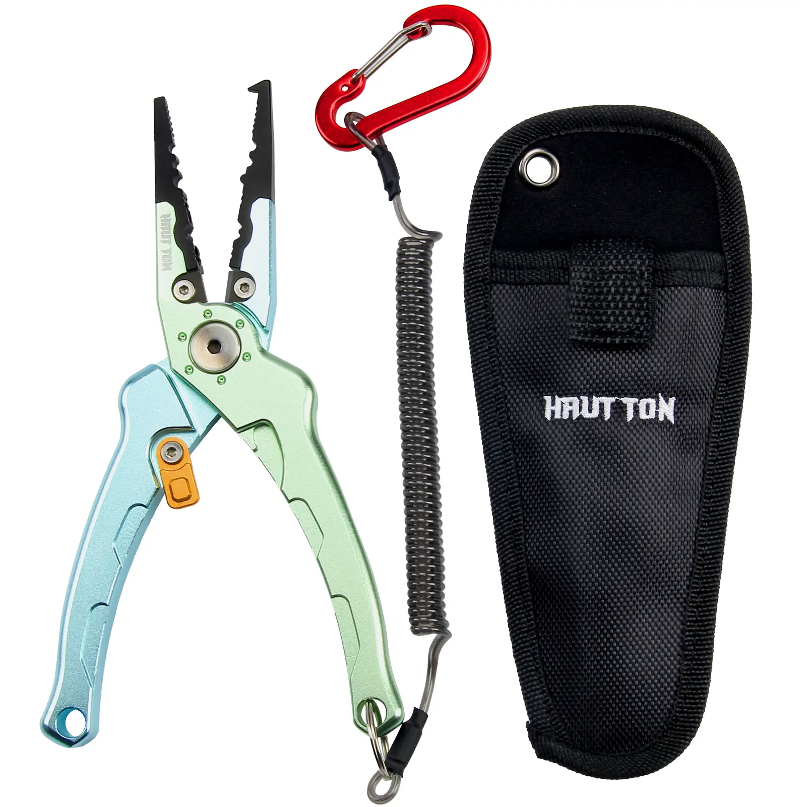 HAUT TON 7 Inch Fishing Pliers - Saltwater, Braid Cutters, Split Ring Pliers, Hook Remover - 3-in-1 Fishing Gear with Safety Lock, Sheath, and Lanyard - Lightweight Aluminum, Easy to Use and Carry