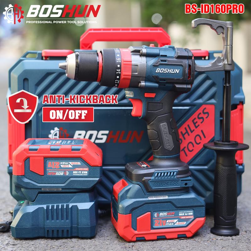 Máy Khoan 3 Chức Năng 160N.m Boshun- BS-ID160PRO - Đầu Kẹp 13mm Auto Lock - Chống Lật Cổ Tay - Brushless Motor - Chân Pin Phổ Thông - 2 Pin 15 Cell 21V 6Ah - Có Tay Cầm Trợ Lực - Bảo Hành Chính Hãng 6 Tháng khoan không dây diy