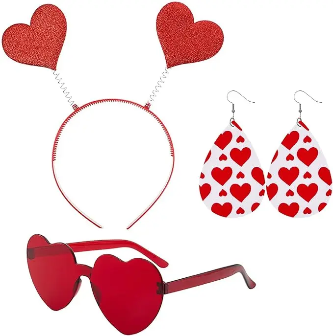3 Piece Valentines Day Accessories Set Include Heart Headband Heart Head Boppers Heart Shape Sunglasses Heart Earing for Valentine Party Favors Costume Supply Masks Gifts Photo