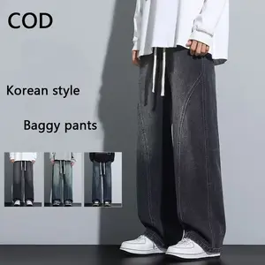 celana panjang pria jeans hitam abu baggy straight cut casual loose pinggang karet denim dewasa cowok pants korean style