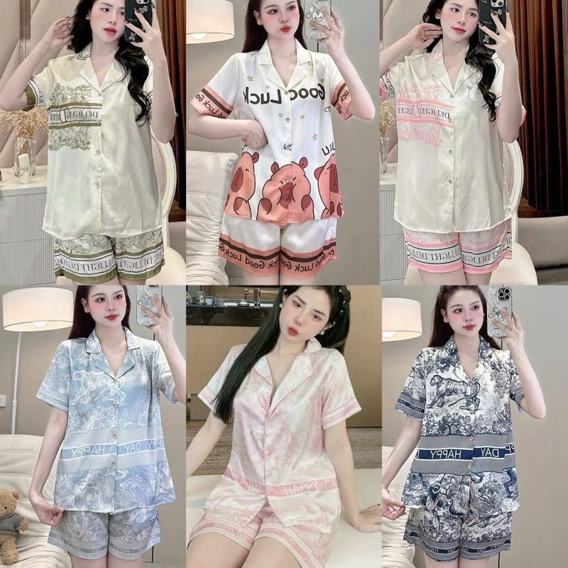[DEAL SỐC] Bộ Đồ Ngủ JUSOKA Pijama Nữ - Mặc Nhà, Đi Ngủ - Quần Đùi Lụa Gấm Xước Ánh Kim IN FULL 3D – Họa Tiết Sang Chảnh, Thoáng Khí