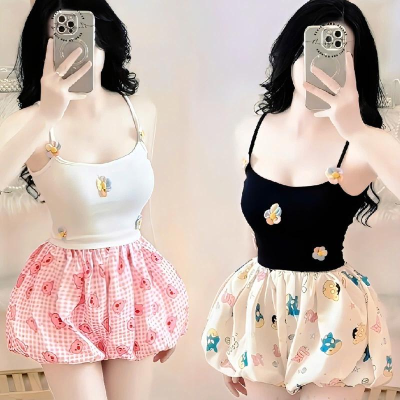 Set Đồ Nữ Áo Bra Dáng Ngắn Croptop 2 Dây Ôm Body Đính Hoa Ngũ Sắc QC Phối Quần Short Bí Phồng Hoa Cute – Outfit Hot Trend Tôn Dáng