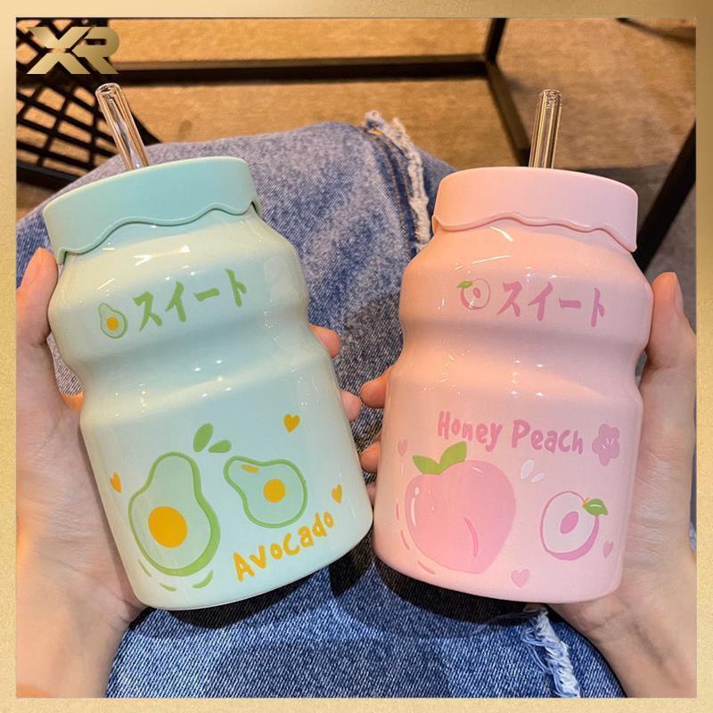 Cốc sứ,ly sứ,cốc uống nước 460ml họa tiết các Nhiễu mẫu dễ thương,kèm nắp + Ống hút thuỷ tinh