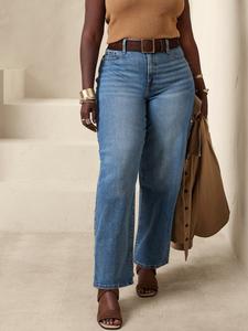 Pantalones de mezclilla elásticos de corte holgado para mujer, pantalones de pierna ancha cómodos y elásticos para uso casual en todas las estaciones, pantalones de moda elegantes para damas