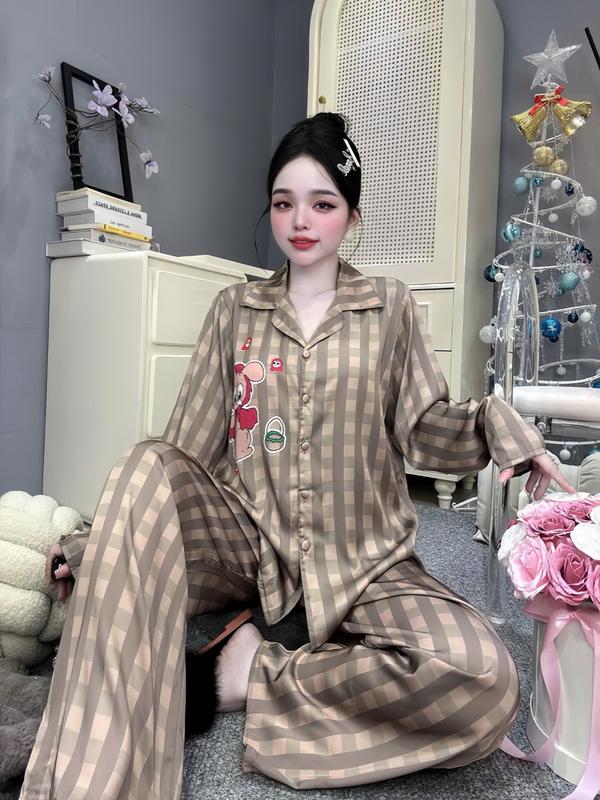 Đồ Bộ Pijama Nữ Lụa Latin Tơ Tằm Thoáng Mát Ngắn Tay và Dài Tay Quần Dài Họa Tiết Gấu Kẻ Sọc Màu Nâu Có Bigsize Size 45-60Kg và 61-75kg