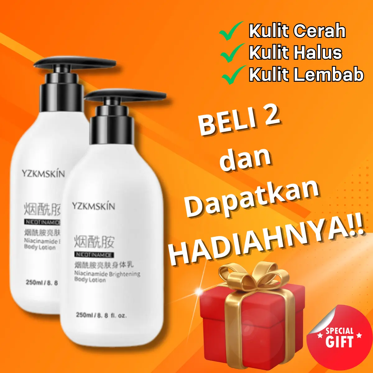 Lotion Tubuh YZKMSKIN Pemutih Kulit dengan Niacinamide Brightening Essence 250ml + Hadiah Gratis - Hand, Pencerah