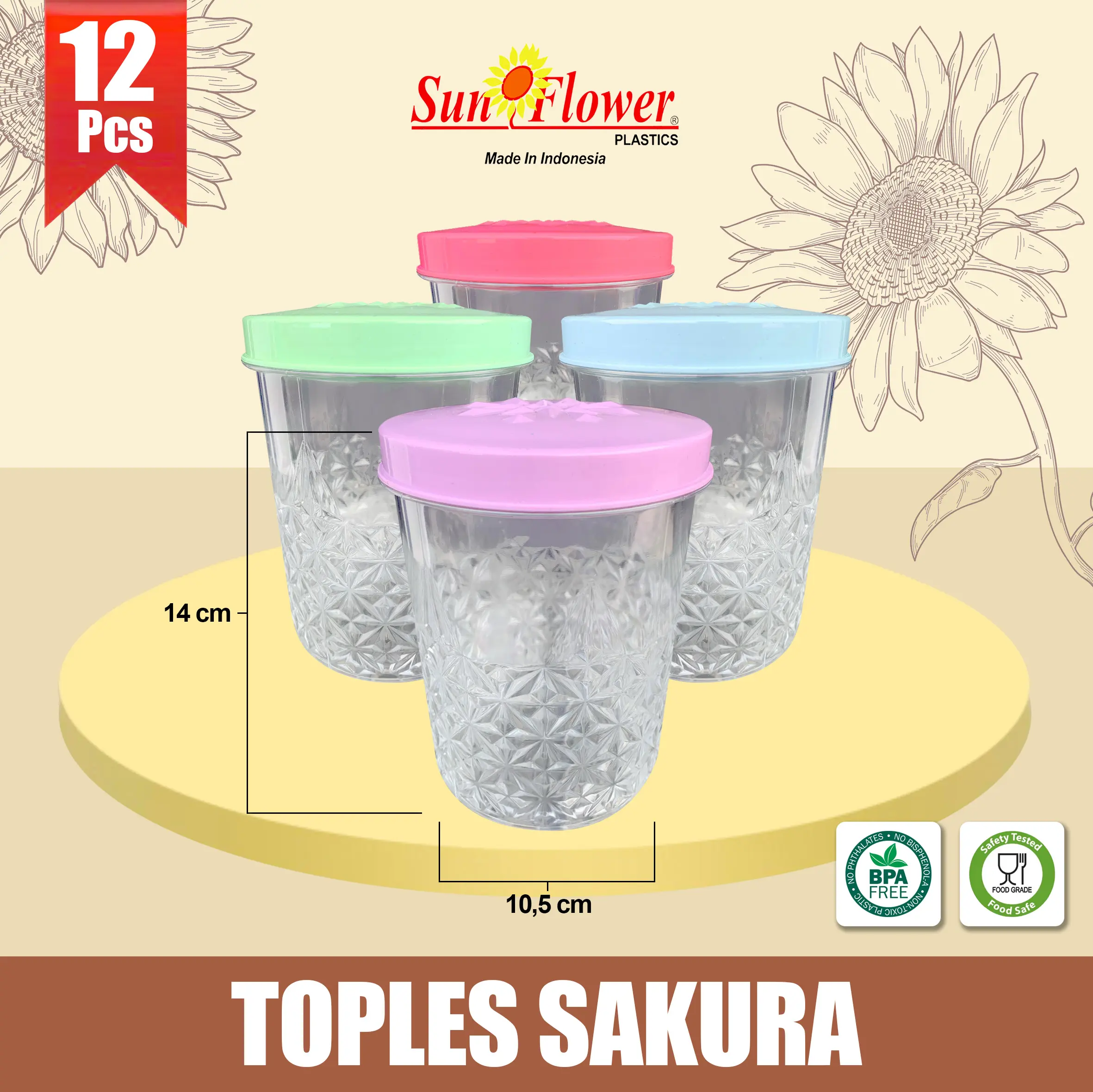( 6 pcs ) Toples Plastik / Toples Daun / Toples Lebaran / Toples Bulat/ Toples Sakura Sunflower
