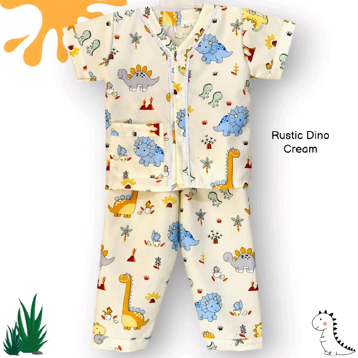 setelan baju piyama anak laki-laki motif dino rustic model tanpa kerah untuk usia 1-12 thn  Fashion anak laki-laki